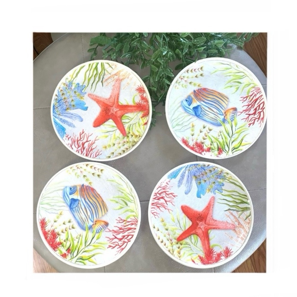 Better Homes & Gardens 4 Count Melamine 8.5" Plates Starfish Fish Ocean Beach